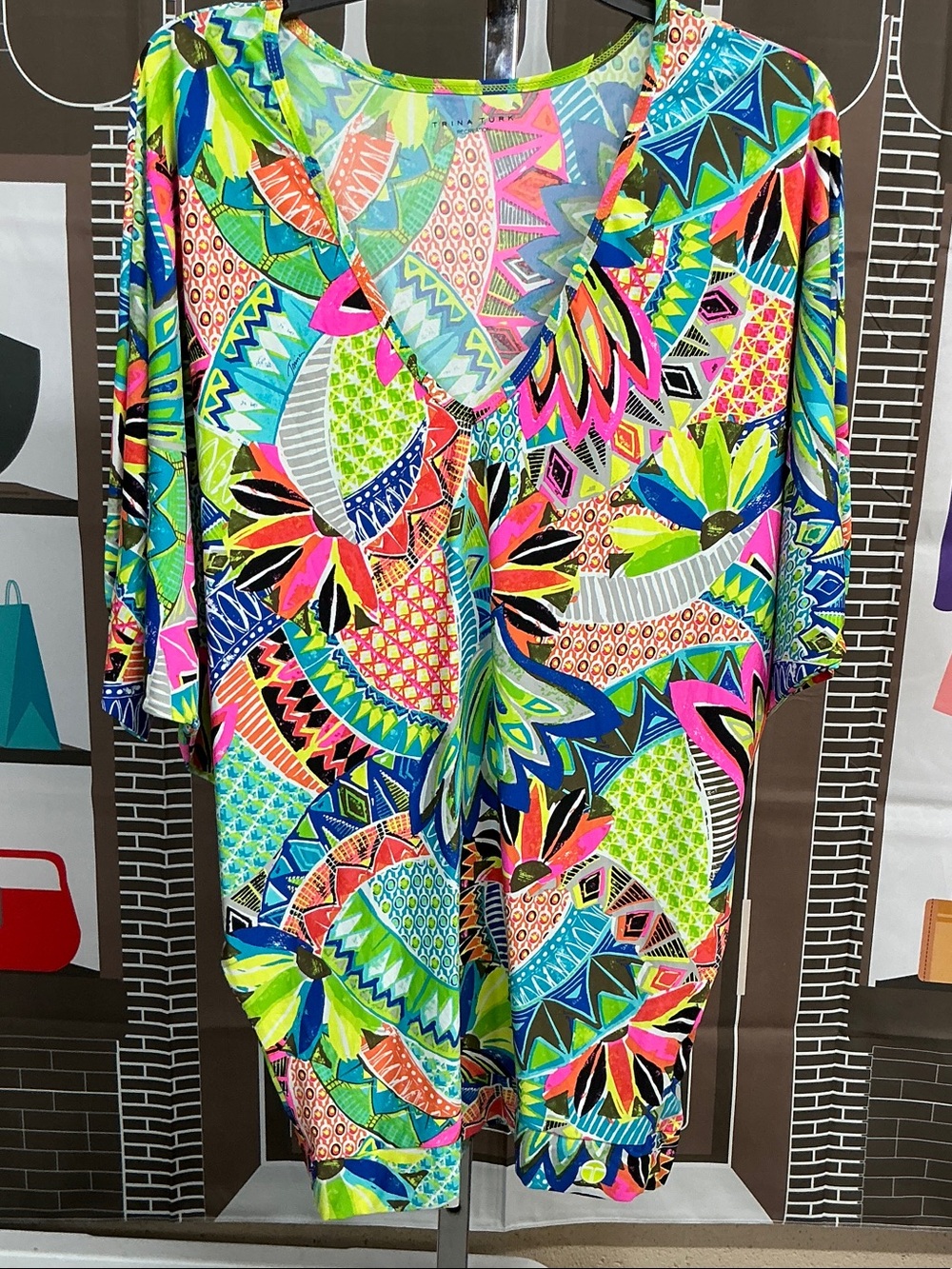 Trina Turk Neon Pink, Lime & Turquoise Patterned Top.  #2247